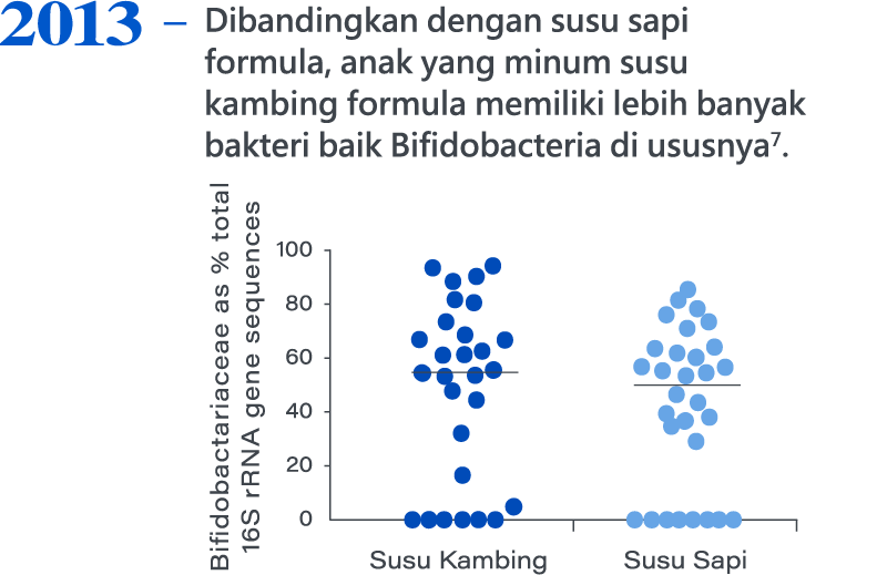 2013，Compared to cow's milk formula, those fed goat milk formula have higher levels of bifidobacteria in their bodies7.